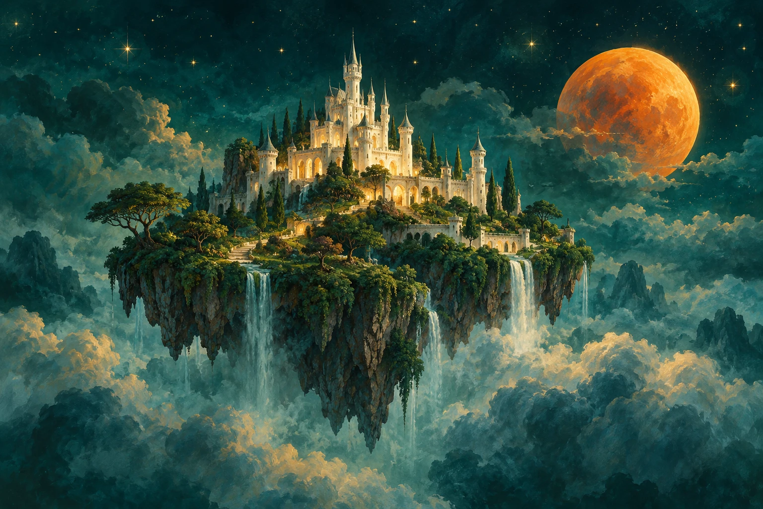 Una città fantastica illuminata nella notte invita a entrare in un altro mondo.